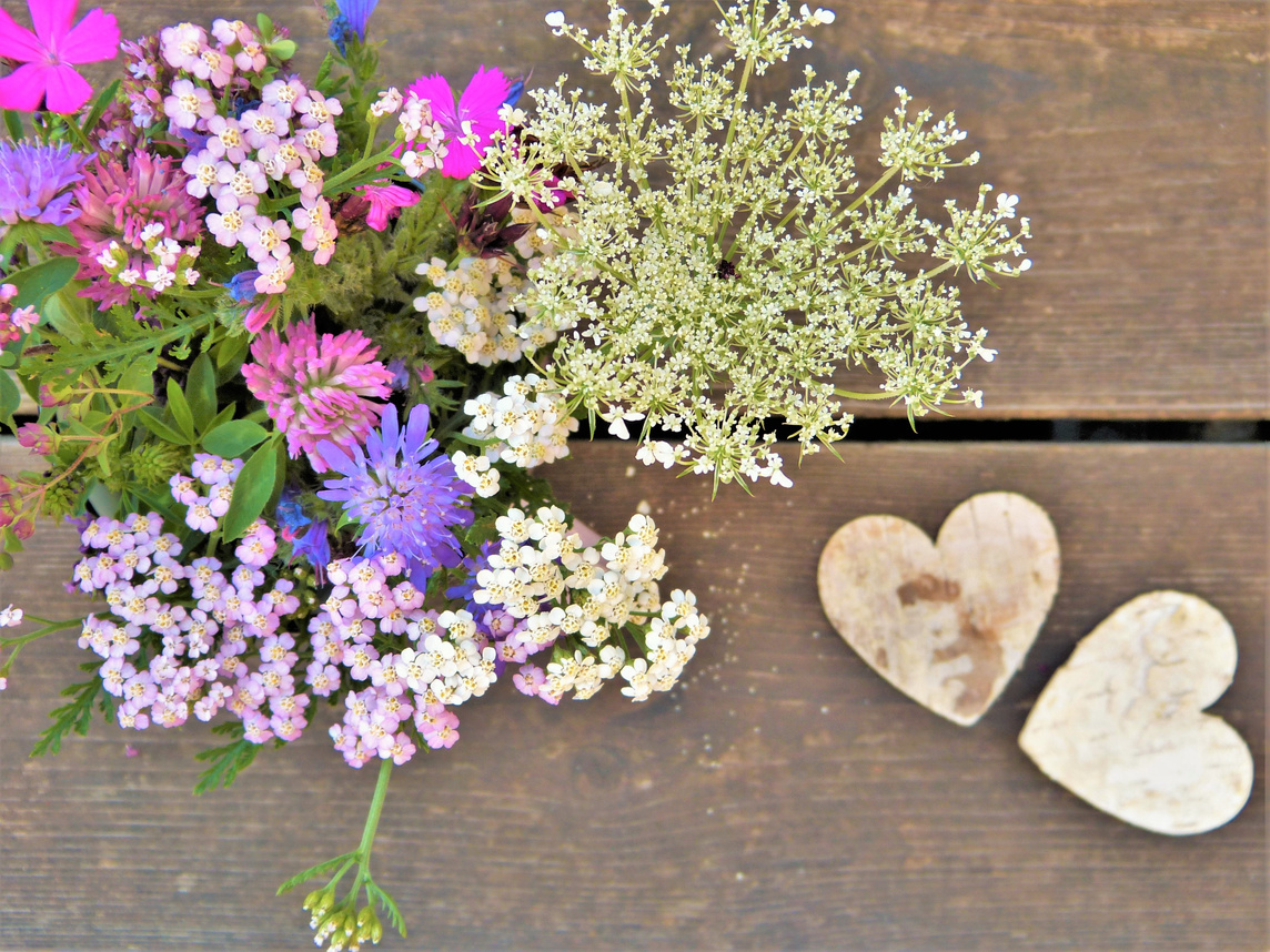 Flowers with Wooden Hearts